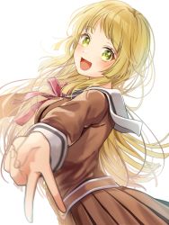 Rule 34 | 1girl, :d, arched back, bad id, bad pixiv id, bang dream!, blonde hair, blunt ends, blurry, blurry foreground, breasts, brown dress, buttons, dress, fingernails, from side, hanasakigawa school uniform, hands up, light blush, long hair, looking at viewer, looking to the side, medium breasts, neck ribbon, open mouth, outstretched arms, pink ribbon, pleated dress, ribbon, roko (pe0e07), sailor collar, school uniform, serafuku, simple background, smile, solo, standing, swept bangs, tsurumaki kokoro, upper body, v, white background, white sailor collar, yellow eyes
