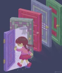 Rule 34 | 1girl, braid, brown hair, closed eyes, commentary request, door, grey background, highres, long hair, long sleeves, madotsuki, niwasakino daei, opening door, outstretched arm, pine tree, pink sweater, portal (object), red footwear, red skirt, shoes, signature, simple background, skirt, snow, snowing, socks, solo, sweater, tree, turtleneck, turtleneck sweater, twin braids, walking, white socks, wide shot, yume nikki