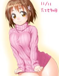 Rule 34 | 10s, 1girl, blush, breasts, brown eyes, brown hair, clothes tug, covering privates, covering crotch, dated, flower, hair flower, hair ornament, idolmaster, idolmaster cinderella girls, large breasts, looking at viewer, mimura kanako, naked sweater, onsoku inu, ribbed sweater, short hair, smile, solo, sweater, sweater tug, translated, turtleneck