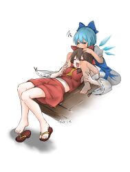 Rule 34 | 2girls, :d, = =, \||/, artist name, ascot, ascot between breasts, barefoot, blue dress, blue eyes, blue hair, bow, breasts, brown hair, cirno, commentary request, detached sleeves, dress, dutch angle, frown, full body, hair bow, hakurei reimu, hand on another&#039;s leg, happy, highres, hot, ice, ice wings, jitome, knee up, knees together feet apart, long sleeves, looking at another, looking down, lying, medium breasts, medium hair, multiple girls, namuru (twitter), nontraditional miko, on back, open mouth, puffy short sleeves, puffy sleeves, red bow, red skirt, red vest, ribbon-trimmed sleeves, ribbon trim, sandals, short hair, short sleeves, simple background, sitting, skirt, smile, squiggle, teeth, touhou, upper teeth only, vest, white background, white sleeves, wide sleeves, wings, yellow ascot