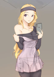 Rule 34 | 1girl, 9 9bird, blonde hair, blush, breasts, cellphone, commentary request, headband, highres, holding, holding phone, long hair, mifune chihaya, pantyhose, partially undressed, persona, persona 5, phone, purple eyes, purple pantyhose, see-through, smartphone, smile, solo