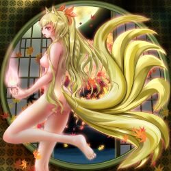 Rule 34 | 1girl, absurdres, animal ears, ass, autumn leaves, blonde hair, breasts, completely nude, fang, fox ears, fox girl, fox tail, from side, hair ornament, highres, hitodama, kitsune, kyuubi, lattice, leaf, long hair, maple leaf, medium breasts, miharin, moon, multiple tails, nipples, nude, original, red eyes, tail