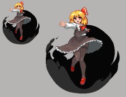 Rule 34 | 1girl, ascot, bad id, bad twitter id, black pantyhose, black skirt, blonde hair, darkness, grey background, hair ribbon, long sleeves, looking at viewer, medium hair, namako daibakuhatsu, open mouth, outstretched arm, pantyhose, pixel art, red eyes, red footwear, red ribbon, ribbon, rumia, shoes, simple background, skirt, smile, thighband pantyhose, touhou, vest, wide hips