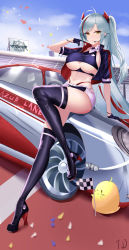 Rule 34 | 1girl, absurdres, azur lane, belt, boots, breasts, car, checkered flag, clothing cutout, confetti, cropped jacket, cropped shirt, day, earpiece, flag, full body, gloves, grey hair, half gloves, headgear, high heel boots, high heels, highres, holding, holding flag, incredibly absurdres, jacket, large breasts, leg up, long hair, looking at viewer, manjuu (azur lane), microskirt, motor vehicle, multicolored hair, nanoda002 (saber427), navel, official alternate costume, orange eyes, outdoors, panties, panty straps, prinz eugen (azur lane), prinz eugen (final lap) (azur lane), purple footwear, purple gloves, purple jacket, purple skirt, race queen, red hair, red panties, skirt, solo, streaked hair, thigh boots, thighhighs, thighs, two-tone hair, two-tone skirt, underboob, underboob cutout, underwear, white belt, white skirt