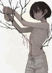 Rule 34 | 1girl, bags under eyes, black hair, blood, branch, closed mouth, end80236189, female focus, flat chest, highres, mole, mole on arm, mole on neck, mole under eye, mole under mouth, navel, original, pale skin, pants, ribs, short hair, simple background, skinny, solo, sweatpants, topless, white background