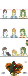 Rule 34 | 1boy, 3girls, 4koma, arm cannon, armor, arrow (symbol), black hair, blonde hair, blue eyes, blush, boxing gloves, colored skin, comic, expressionless, green hair, headpat, height chart, height conscious, highres, kid icarus, kid icarus uprising, little mac, metroid, motoji (hamayarawa), multiple girls, nintendo, palutena, ponytail, power armor, punch-out!!, samus aran, sleeveless, smile, super smash bros., varia suit, weapon, white eyes, white skin, wii fit, wii fit trainer, wii fit trainer (female)