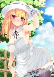 Rule 34 | 1girl, :o, arm up, bare arms, bare shoulders, black thighhighs, blonde hair, blue sky, blush, braid, breasts, brown eyes, cleavage, cloud, cloudy sky, commentary request, day, dress, fence, frilled dress, frills, hand on headwear, hat, highres, leaning forward, long hair, looking at viewer, medium breasts, moe2020, original, outdoors, parted lips, rin2008, see-through, sideboob, sky, sleeveless, sleeveless dress, solo, sun hat, thighhighs, tree, twin braids, white dress, white hat