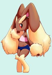 Rule 34 | 1girl, absurdres, animal ears, animal nose, bare shoulders, black sclera, blue background, blue shorts, blush, body fur, brown fur, colored sclera, creatures (company), crop top, female focus, from side, full body, furry, furry female, game freak, gen 4 pokemon, hand to own mouth, hand up, highres, knees together feet apart, lopunny, midriff, navel, nintendo, pink shirt, pokemon, pokemon (creature), rabbit ears, rabbit girl, rabbit tail, red eyes, shirt, short shorts, shorts, simple background, sleeveless, sleeveless shirt, solo, spaghetti strap, standing, tail, two-tone fur, uno usaya, yellow fur