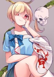 Rule 34 | 1girl, antlers, blonde hair, blood, blood on feet, blue shirt, crazy eyes, dragon girl, dragon horns, dragon tail, evil grin, evil smile, feet, foot focus, fur-tipped tail, green scales, green tail, grin, horns, kicchou yachie, looking at viewer, meimei (meimei89008309), monster girl, no shoes, red eyes, shirt, short hair, skull, smile, square neckline, tail, touhou, turtle shell, yandere, yellow horns