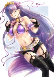 Rule 34 | 1girl, bare shoulders, bb (fate), bb (fate) (all), bb (swimsuit mooncancer) (fate), bb (swimsuit mooncancer) (second ascension) (fate), bead bracelet, beads, belt, bikini, black garter belt, black gloves, black shorts, black thighhighs, blush, bracelet, breasts, cleavage, collarbone, fate/grand order, fate (series), fingerless gloves, garter belt, gloves, hair ornament, hair ribbon, hairband, highres, jewelry, large breasts, licking lips, long hair, looking at viewer, loose belt, micro shorts, navel, neck ribbon, purple bikini, purple eyes, purple hair, ribbon, shorts, smile, solo, star (symbol), star hair ornament, studded garter belt, swimsuit, thighhighs, thighs, tokiwa migiri, tongue, tongue out, very long hair, white belt