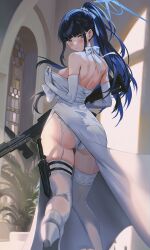 Rule 34 | 1girl, ass, back, bare shoulders, blue archive, blush, breasts, dress, elbow gloves, gloves, gun, halo, highres, large breasts, long hair, looking at viewer, looking back, mhk (mechamania), official alternate costume, panties, saori (blue archive), saori (dress) (blue archive), solo, thighhighs, underwear, weapon, white dress, white gloves, white panties, white thighhighs
