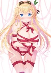 Rule 34 | areola slip, arm under breasts, blonde hair, blue eyes, blush, braid, breasts, flower knight girl, full-face blush, goggles, goggles on head, hair ornament, large breasts, long hair, megi (flower knight girl), naked ribbon, naruse mamoru, ribbon, smile, solo
