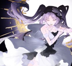 Rule 34 | 1girl, armlet, bare shoulders, black bow, black headwear, bow, bracelet, commentary, denoia, dress, euryale (fate), euryale (third ascension) (fate), evil smile, fate/grand order, fate/hollow ataraxia, fate (series), flower, flower ornament, frilled dress, frilled hairband, frills, hairband, halo, hand on own arm, hands up, headdress, highres, jewelry, light rays, lolita hairband, long hair, looking down, open mouth, parted bangs, pink eyes, purple hair, sidelocks, sleeveless, sleeveless dress, smile, solo, thighlet, twintails, very long hair, white dress
