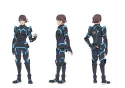 Rule 34 | 1boy, armor, ass, black bodysuit, black footwear, blue bodysuit, blue gloves, bodysuit, brown eyes, brown hair, character sheet, clenched hand, egao no daika, from behind, from side, full body, gloves, grey footwear, gun, gun request, hand on own hip, hand up, highres, huey malthus, kneepits, looking at viewer, male focus, multiple views, muscular, nakamura naoto, official art, open hand, parted lips, pilot suit, profile, shoulder pads, simple background, smile, standing, weapon, white background