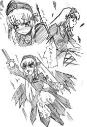 Rule 34 | 00s, 1girl, black wings, blush, character sheet, feathers, flower, graphite (medium), greyscale, jumping, long hair, looking down, monochrome, motion lines, profile, rose, rozen maiden, sad, suigintou, sword, tears, traditional media, very long hair, weapon, wings