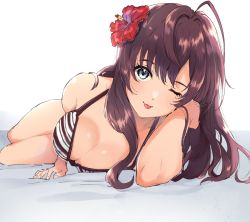 Rule 34 | 1girl, ;p, ahoge, bed sheet, bikini, blush, breasts, cleavage, flower, hair flower, hair ornament, highres, ichinose shiki, idolmaster, idolmaster cinderella girls, long hair, looking at viewer, lying, medium breasts, nanagaedemo, on side, one eye closed, purple hair, simple background, solo, striped bikini, striped clothes, swimsuit, tongue, tongue out