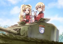 Rule 34 | 2girls, :d, black bow, black hairband, blonde hair, blue eyes, blue sky, blush, bow, braid, breasts, buttons, churchill (tank), cloud, commentary request, crossover, cup, darjeeling (girls und panzer), day, emblem, emily stewart, epaulettes, food, from below, girls und panzer, hair between eyes, hair bow, hairband, hand up, hands up, hatch, holding, holding cup, holding saucer, idolmaster, idolmaster million live!, jacket, kuroi mimei, long hair, long sleeves, looking at another, medium breasts, military, military uniform, military vehicle, motor vehicle, multiple girls, open mouth, outdoors, parted bangs, parted lips, purple eyes, red jacket, saucer, short hair, sky, smile, snowing, st. gloriana&#039;s (emblem), st. gloriana&#039;s military uniform, steam, tank, teacup, tiered tray, tray, tree, twintails, uniform, upper body, winter
