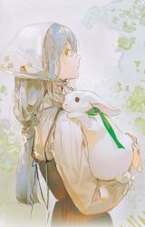 Rule 34 | 1girl, animal, apron, black apron, closed mouth, cowboy shot, dress, expressionless, floral print, green background, green eyes, green ribbon, grey hair, head scarf, highres, holding, holding animal, long hair, long sleeves, looking at viewer, noir (ibaraki), original, ponytail, profile, rabbit, ribbon, sideways glance, solo, two-tone background, white background, white dress