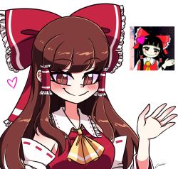 Rule 34 | 1girl, bow, brown eyes, brown hair, closed mouth, commentary, detached sleeves, english commentary, funny face reimu (meme), hair bow, hair tubes, hakurei reimu, heart, highres, littlecloudie, long hair, looking at viewer, nontraditional miko, red bow, reference inset, ribbon-trimmed sleeves, ribbon trim, signature, simple background, smile, solo, touhou, upper body, white background
