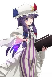 Rule 34 | 1girl, aono meri, bad id, bad twitter id, book, bow, capelet, crescent, crystal, dress, glowing, hair bow, hair ornament, hat, highres, long hair, long sleeves, looking at viewer, mob cap, open book, open mouth, outstretched arm, patchouli knowledge, purple eyes, purple hair, simple background, solo, striped clothes, striped dress, touhou, vest, white background, wide sleeves