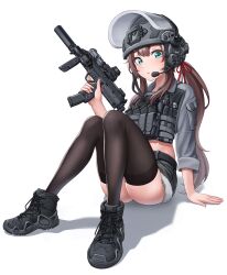 Rule 34 | 1girl, absurdres, ass, black footwear, black shorts, black thighhighs, brown hair, chest rig, combat helmet, commentary, commentary request, commission, denim, denim shorts, english commentary, fur-trimmed shorts, fur trim, green eyes, grey shirt, gun, h&amp;k mp7, helmet, highres, kzm (sub-moa works), long hair, looking at viewer, mixed-language commentary, open mouth, original, shadow, shirt, shoes, shorts, simple background, sitting, skeb commission, sneakers, solo, stomach, submachine gun, termichan (not-a-bot), thighhighs, trigger discipline, visor (armor), weapon, white background