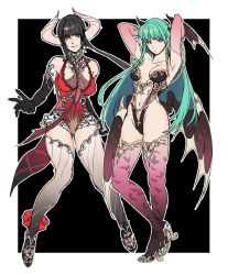 Rule 34 | 2girls, absurdres, alternate costume, alternate legwear, armpits, arms behind head, arms up, bat (animal), black gloves, black hair, breasts, capcom, chain, chest tattoo, clothing cutout, commentary, crossover, demon girl, demon horns, elbow gloves, eliza (tekken), english commentary, full body, gloves, green eyes, green hair, hanny (uirusu chan), head wings, high heels, highres, horns, leotard, long hair, low wings, medium breasts, morrigan aensland, multicolored hair, multiple girls, namco, navel, navel cutout, pink gloves, pink legwear, print legwear, purple lips, red hair, red leotard, redesign, revealing clothes, short hair with long locks, tattoo, tekken, tekken 7, thighhighs, trait connection, two-tone hair, vampire, vampire (game), white legwear, wings, yellow eyes