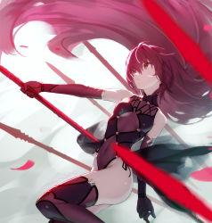 Rule 34 | 1girl, aged down, alternate breast size, bare shoulders, breasts, covered navel, elbow gloves, fate/grand order, fate (series), gae bolg (fate), gloves, hair between eyes, highleg, highleg leotard, highres, leotard, long hair, petals, polearm, purple gloves, purple hair, purple leotard, purple thighhighs, red eyes, revision, scathach (fate), siino, small breasts, solo, spear, thighhighs, thighs, weapon