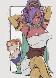 Rule 34 | 2girls, :&lt;, angry, bad id, bad twitter id, bare shoulders, blue cape, boots, breasts, cape, circlet, cleavage, clenched hand, colored skin, commentary request, corset, crossed legs, detached sleeves, dragon quest, dragon quest viii, dragon quest x, earrings, green eyes, highres, horns, jealous, jessica albert, jewelry, large breasts, long hair, looking at viewer, luchenda (dq10), medium hair, multiple girls, ogre, ogre (dq10), oimo (oimkimn), parted bangs, pink skin, pointy ears, purple hair, shoulder spikes, sitting, smile, spikes, sweatdrop, thigh boots, thighhighs, translation request