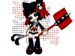 Rule 34 | 1girl, animal ears, blunt bangs, bow, cat ears, chibi, grin, hair bow, hair ornament, looking at viewer, lowres, multiple tails, original, toy hammer, ryu (gaquarium), short hair, skull, skull hair ornament, smile, standing, tail, weapon