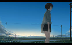 Rule 34 | 1girl, bag, black skirt, blue sky, brown eyes, brown hair, closed mouth, commentary, dawn, english commentary, expressionless, feet out of frame, from side, grass, grey shirt, highres, horizon, letterboxed, mk taso, original, power lines, river, shirt, short hair, shoulder bag, skirt, sky, sleeves rolled up, solo, sunrise, utility pole