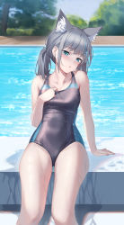 Rule 34 | 1girl, animal ear fluff, animal ears, arm support, bare arms, bare shoulders, black one-piece swimsuit, blue archive, blush, bright pupils, collarbone, competition swimsuit, cross hair ornament, day, earrings, extra ears, feet out of frame, grey hair, hair ornament, jewelry, leaning back, long hair, looking at viewer, mismatched pupils, one-piece swimsuit, outdoors, parted lips, ponytail, pool, shiroko (blue archive), shiroko (swimsuit) (blue archive), sitting, solo, stud earrings, swimsuit, thighs, water, wet, wet clothes, wet swimsuit, wolf ears, zi se
