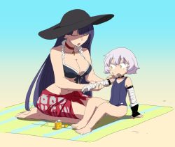 Rule 34 | 2girls, :o, asaya minoru, bandaged arm, bandages, bare arms, bare legs, bare shoulders, barefoot, beach, bikini, bikini top only, black bikini, black gloves, black hat, blanket, blue one-piece swimsuit, blue sky, blunt bangs, breasts, cleavage, closed eyes, collarbone, day, facial scar, fate/grand order, fate (series), fingerless gloves, gloves, green eyes, hair between eyes, hat, jack the ripper (fate/apocrypha), long hair, lotion, martha (fate), martha (swimsuit ruler) (fate), martha (swimsuit ruler) (first ascension) (fate), medium breasts, multiple girls, navel, one-piece swimsuit, open mouth, outdoors, purple hair, red sarong, sand, sarong, scar, scar across eye, scar on cheek, scar on face, school swimsuit, seiza, short hair, single glove, sitting, sky, sun hat, sunscreen, swimsuit, v-shaped eyebrows, very long hair