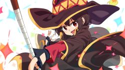 Rule 34 | 1girl, :d, black cape, black gloves, blush, brown hair, cape, fingerless gloves, gloves, hair between eyes, hat, head tilt, holding, holding staff, kono subarashii sekai ni shukufuku wo!, long sleeves, looking at viewer, megumin, open mouth, outstretched arm, pointing, red eyes, smile, solo, sparkle, staff, tomato (lsj44867), upper body, v-shaped eyebrows, white background, witch, witch hat