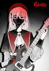 Rule 34 | 1girl, 7-string guitar, ascot, bang dream!, bang dream! it&#039;s mygo!!!!!, capelet, earrings, electric guitar, guitar, hat, highres, instrument, jewelry, long hair, looking at viewer, mask, masquerade mask, mouth mask, partially colored, red eyes, red hat, red nails, red theme, solo, upper body, ushio0104, wakaba mutsumi, white ascot