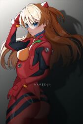 Rule 34 | 1girl, absurdres, artist request, ass, blue eyes, blush, bodysuit, breasts, brown hair, curvy, floating hair, highres, huge ass, interface headset, long hair, looking at viewer, looking back, medium breasts, neon genesis evangelion, plugsuit, red bodysuit, shiny clothes, sideboob, skin tight, skindentation, solo, souryuu asuka langley, twintails, wide hips