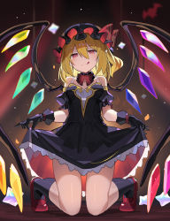 Rule 34 | 1girl, :q, alternate color, black gloves, black hat, bow, bowtie, crystal, detached collar, falken (yutozin), flandre scarlet, full body, gloves, hair between eyes, hat, highres, kneeling, knees together feet apart, lifted by self, long hair, looking at viewer, mob cap, one side up, red bow, red bowtie, red eyes, solo, tongue, tongue out, touhou, wings