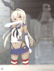 Rule 34 | 1girl, anchor hair ornament, artist logo, black hairband, black panties, blonde hair, blue sailor collar, blue skirt, blurry, bottle, brown eyes, cowboy shot, crop top, depth of field, elbow gloves, gloves, hair ornament, hairband, highleg, highleg panties, highres, kantai collection, long hair, looking at viewer, microskirt, miniskirt, neve (morris-minicooper), panties, pleated skirt, sailor collar, shimakaze (kancolle), skirt, solo, standing, striped clothes, striped thighhighs, thighhighs, underwear, white gloves, wiping mouth