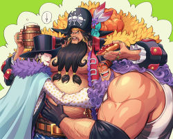 Rule 34 | ..., 3boys, ?, alcohol, arm hair, bare shoulders, beard, beer, beer mug, belly, belt, black hair, cake, cake slice, camisole, cape, chest hair, closed mouth, coat, collared coat, confused, cup, curly hair, drink, earrings, elbow pads, eye mask, closed eyes, facial hair, fat, food, food on face, frilled sleeves, frills, gloves, hat, head on chest, height difference, highres, holding, holding cup, holding food, hoop earrings, hug, jesus burgess, jewelry, lafitte, lipstick, long hair, long sleeves, makeup, male focus, marshall d. teach, mask, missing tooth, mug, multiple boys, muscular, muscular male, obese, one piece, open clothes, open coat, open mouth, pale skin, pectorals, pirate, pirate costume, pirate hat, purple hair, ring, shirt, skull and crossbones, small head, smile, spoken ellipsis, spoken question mark, stomach, tan, wooden cup, wrestling mask, youkan (tako)