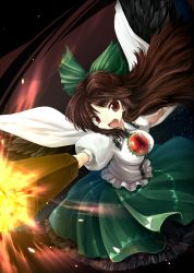 Rule 34 | 1girl, absurdres, arm cannon, bad id, bad pixiv id, bow, breasts, brown hair, female focus, hair bow, highres, long hair, narumizg, red eyes, red hair, reiuji utsuho, solo, third eye, touhou, weapon, wings