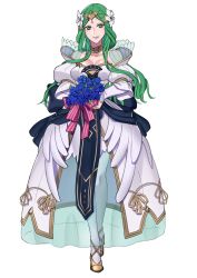 Rule 34 | 1girl, absurdres, alternate costume, bouquet, bride, commission, dress, ebinku, female focus, fire emblem, fire emblem: three houses, flower, full body, green eyes, green hair, hair flower, hair ornament, highres, holding, holding bouquet, long hair, matching hair/eyes, nintendo, pantyhose, parted lips, rhea (fire emblem), see-through, simple background, solo, tiara, wedding dress, white background, white dress, white pantyhose