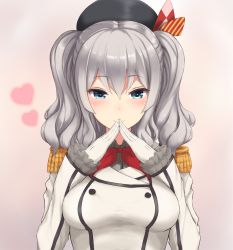 Rule 34 | 10s, 1girl, blue eyes, blush, breasts, epaulettes, fingers together, gloves, hair between eyes, highres, kantai collection, kashima (kancolle), monoku, silver hair, smile, solo, white gloves