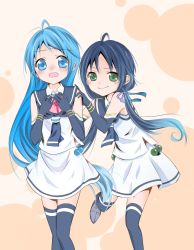 Rule 34 | 2girls, aoi mimi, blue eyes, blue hair, blue ribbon, blue sailor collar, blue thighhighs, blush, box, commentary request, elbow gloves, gloves, gradient hair, green eyes, hair ribbon, heart-shaped box, highres, kantai collection, long hair, looking at viewer, low twintails, multicolored hair, multiple girls, open mouth, ribbon, sailor collar, samidare (kancolle), shirt, skirt, smile, standing, standing on one leg, suzukaze (kancolle), thighhighs, twintails, two-tone background, valentine, very long hair, white shirt, white skirt, zettai ryouiki