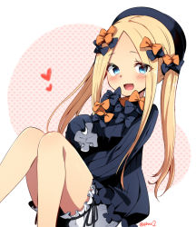 Rule 34 | 1girl, abigail williams (fate), alternate hairstyle, black bow, black dress, black hat, blonde hair, bloomers, blue eyes, blush, bow, dress, fate/grand order, fate (series), forehead, frills, hair bow, hat, heart, knees up, long hair, long sleeves, looking at viewer, marimo danshaku, open mouth, orange bow, parted bangs, ribbed dress, simple background, sitting, smile, solo, thighs, twintails, underwear, white background, white bloomers