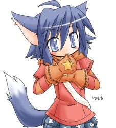 Rule 34 | 134 (cos), 1girl, :3, ahoge, animal ears, biting, blue eyes, blue hair, blush, cat ears, cat girl, cat tail, layered sleeves, long sleeves, mittens, short over long sleeves, short sleeves, smile, solo, star (symbol), striped sleeves, summon night, tail, yuel