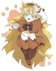 Rule 34 | 1girl, akaimo (akaimokou), animal ears, blonde hair, boots, bow, bowtie, braid, brown bow, brown bowtie, brown footwear, brown pantyhose, brown skirt, cat ears, cat tail, crown braid, frilled sleeves, frills, green eyes, hand up, kemonomimi mode, lobotomy corporation, long hair, long sleeves, open mouth, pantyhose, project moon, shirt, simple background, skirt, slit pupils, solo, tail, tiphereth a (project moon), very long hair, white background, white shirt