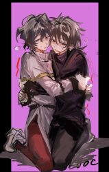 2boys after_kiss bdsm black_hair black_jacket black_pants blush bondage bound bound_together brown_hair capelet chinese_commentary coat commentary_request gold_trim grey_eyes harada_minoru highres jacket kneeling long_sleeves male_focus medium_hair multiple_boys open_mouth pants pink_background red_eyes red_pants saibou_shinkyoku saliva saliva_trail short_hair shuiyemusan side_slit sketch smile sweat utsugi_noriyuki white_capelet white_coat white_footwear yaoi