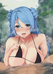 Rule 34 | 1boy, 1girl, bikini, black bikini, blue eyes, blue hair, breasts, clothed male nude female, clothed sex, day, double bun, hair between eyes, hair bun, hetero, highres, kantai collection, large breasts, long hair, mixed-sex bathing, nude, onsen, outdoors, paizuri, parted bangs, partially submerged, pov, second-party source, shared bathing, swimsuit, urakaze (kancolle), wasavi 8