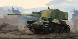 Rule 34 | artist name, dust, from side, highres, hozumi sousei, military, military vehicle, motor vehicle, no humans, original, rubble, science fiction, tank, tank turret, vehicle focus, vehicle request
