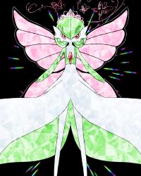 Rule 34 | 1girl, black background, bob cut, bug, butterfly, colored skin, creatures (company), female focus, flat chest, game freak, gardevoir, gen 3 pokemon, green hair, green skin, hair between eyes, highres, insect, legs, looking at viewer, muguet, multicolored skin, nintendo, pink headwear, pink wings, pokemon, pokemon (creature), red eyes, short hair, solo, standing, straight-on, tiara, two-tone skin, white skin, wings