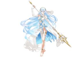 Rule 34 | 1girl, anklet, azura (fire emblem), barefoot, blue hair, breasts, dress, elbow gloves, feet, female focus, fire emblem, fire emblem fates, full body, gloves, hair between eyes, hairband, highres, jewelry, kozaki yuusuke, long hair, looking at viewer, necklace, nintendo, official art, panties, polearm, ribbon, simple background, solo, spear, underwear, veil, very long hair, water, weapon, white background, white panties, yellow eyes
